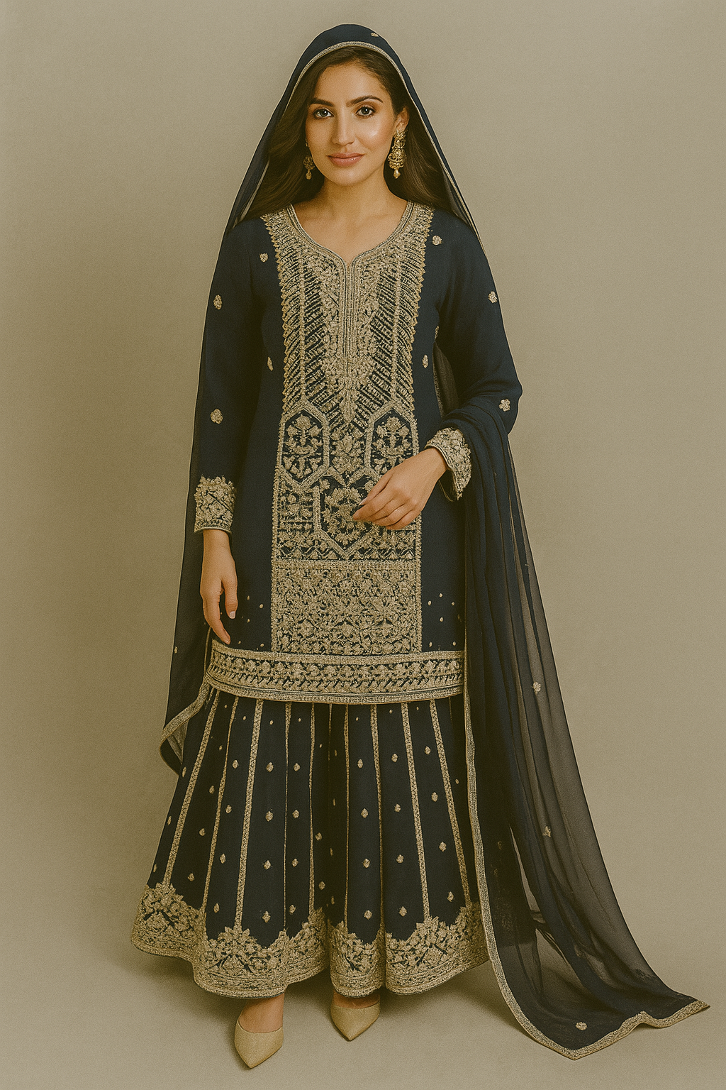 Navy Blue Heavy Embroidered Gharara Suit Set with Golden Zardozi Work - 3 Piece